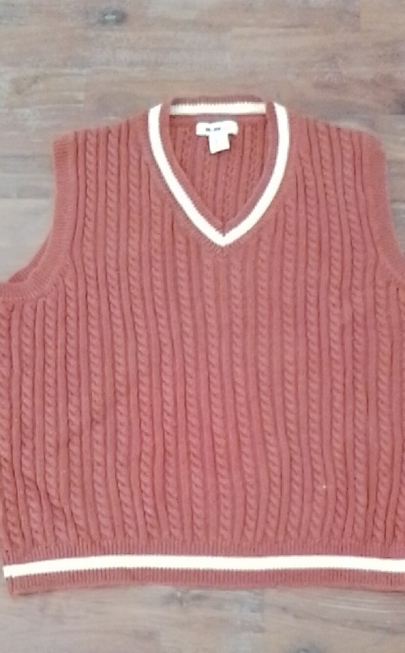 William Rast Men's Rust Cable Knit V-Neck Sweater Vest with Cream Trim
